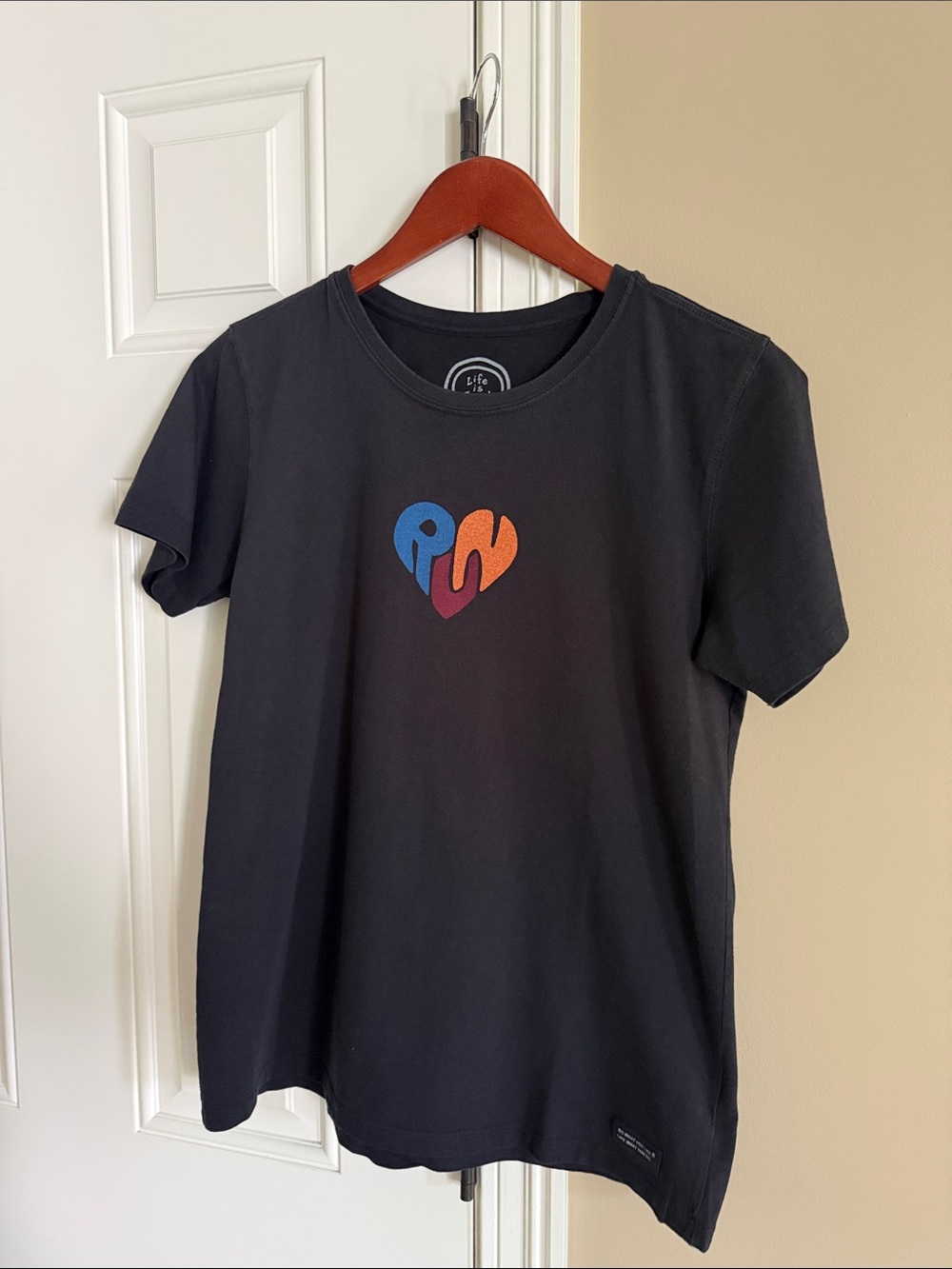 Life Is Good Black Short Sleeve Tee with Blue Orange Pink Heart